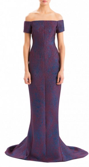 OFF-THE-SHOULDER TEXTURED JACQUARD GOWN