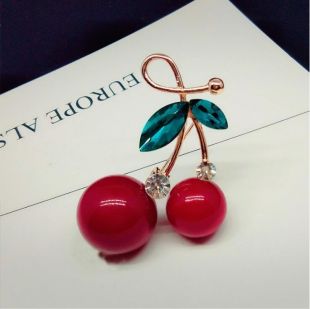 Red Cherry Brooch with Beautiful Green Crystals
