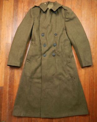 Vintage 1940's WWII Era Green Wool Long Coat Size 38 Long Trench Length