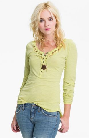 Free People "Legacy" Crochet Neck Henley Top