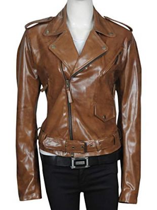 TrendHoop Women's Stylish Lambskin Genuine Leather Motorcycle Biker Distressed Brown Jacket (Distressed Brown, Medium)
