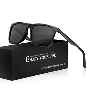 TJUTR Lunette De Soleil Polarisée Pour Homme Miroir 100% Protection UVA UVB (Noir brillant/Gris-2)