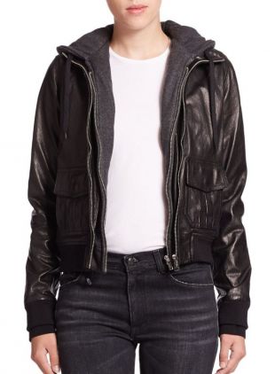 R13 Layered Jersey Hood Leather Bomber Jacket worn by Rosa Diaz