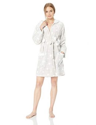 PJ Salvage Women's Cozy Plush Bath Robe, Stars Grey, X-Small