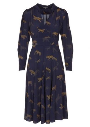 ROBE MIDI COL TUNISIEN IMPRIMÉE EN CRÊPE BLEU NUIT