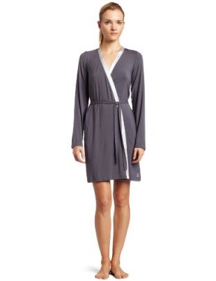 Calvin Klein Womens Essentials With Satin Short Robe, Charcoal, X-Small/Small