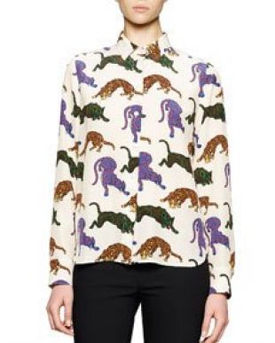 Cat Print Button Front Blouse