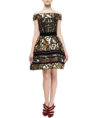 Velvet Trim Brocade Dress W/Lace Insets, Gold/Black