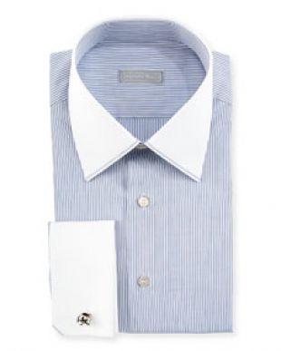 Stefano Ricci Contrast Collar/Cuff Thin Striped Dress Shirt, White/Blue