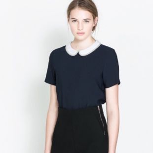 Navy Blouse with Combination Collar