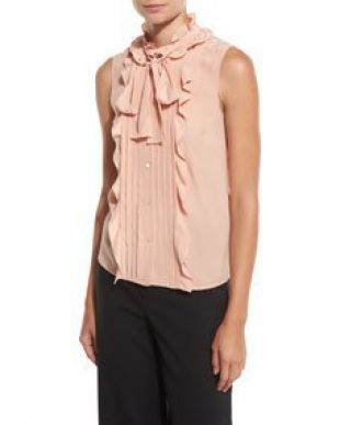 Sleeveless Pintucked & Ruffled Tie Neck Silk Blouse, Nude