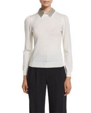 Era Embellished Collar Puff Sleeve Sweater, Cream