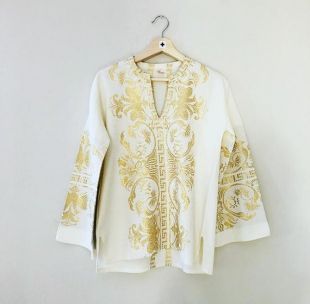 Or vintage brodé tunique fleuri métallisé or + Ivoire petite chemise en coton des années 70 Boho Blouse taille