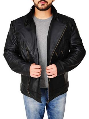 TrendHoop Men Asymmetrical Zipper Padded Design Front and Back Black Leather Jacket (Large)