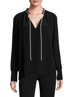 Long-Sleeve Tie-Neck Silk Blouse