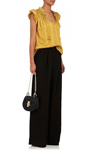 Deja Striped Smocked Flutter Golden Silk Blouse Top