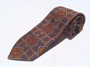 Vintage des années 1970 marron cravate en Polyester avec motif Floral géométrique Orange