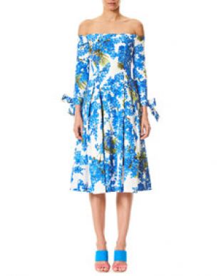 Off the Shoulder Floral Print Tie Sleeves Midi Day Dress