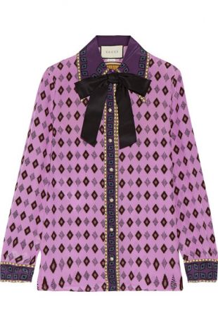 Bow Embellished Printed Silk Crepe de Chine Shirt