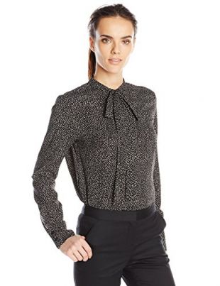 Anne Klein Women's Long Sleeve Mini Dot Bow Blouse