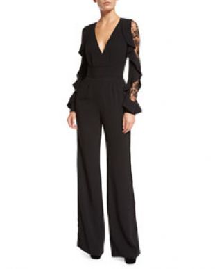 Ruffled Lace Sleeve Crepe Jumpsuit
