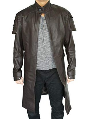 TrendHoop Men Renner Fashion Handmade Brown Sheep Buff Leather Long Coat | Size Medium (Medium)