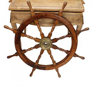 Barre à roue de navire - bois/laiton - 93 cm