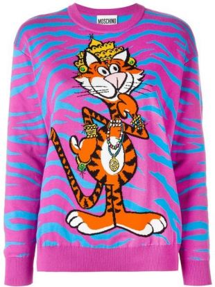 The MOSCHINO crowned tiger intarsia jumper worn by Cary Dubek