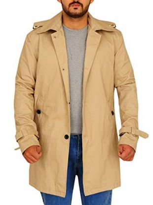 TrendHoop Mens Long Trench Fashion Button Slim Trench Beige Jacket Coat (Beige, X-Large)