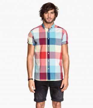 Button Down Shirt Multicolored Plaid Print Short Sleeve