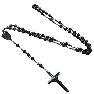 Mens Black Stainless Steel Rosary Necklace 28" Strong 6mm with Cross