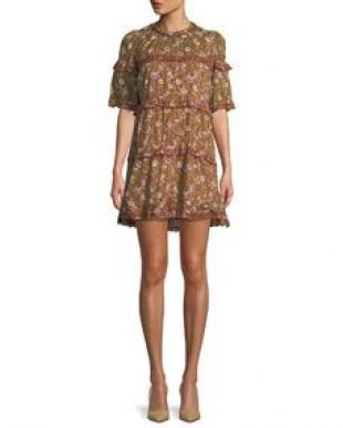 Maiwenn Ochre Floral Print Tiered Mini Dress