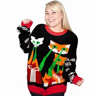 FunQi Laser Cat-Zillas Ugly Christmas Sweater, Black
