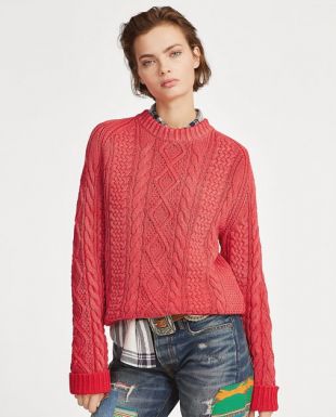 Pull torsadé en coton rouge délavé