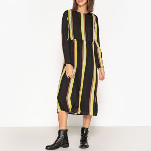 Robe droite manches longues en soie rayée