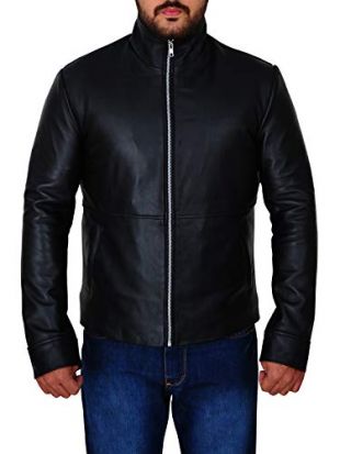 TrendHoop Men Body Fitted Black Cafe Racer Genuine Biker Leather Jacket (Biker Black, Large)