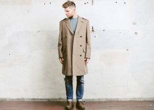 BetaMenswear Mens 70s Beige Wool Coat / Overcoat Oversized Jacket Long Double Breasted Wool Overcoat