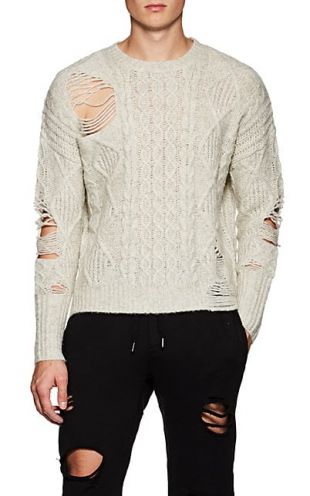 Distressed Cable Knit Wool Blend Sweater