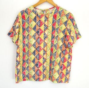 Chemisier imprimé Tribal vintage des années 80 | Les couleurs primaires géométriques courtes manches | Africain coloré à motifs haut | Boutique de Blair | SZ Lg