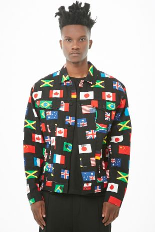 International Flag Print Denim Jacket