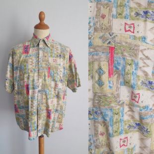 Hommes chemise à motifs Aztèques, vert bleu rose, manches courtes, des années 90 rétro vintage, coupe traditionnelle lâche, chemise de plage de surf, grande xl