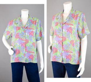 90 s tropical chemisier sans manches imprimé Vintage, Rose mauve vert motif de feuilles de bananier, dessus Polyester, des années 90 Plus la taille 16 pour femmes