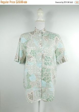 45% OFF SPRING SALE Vintage 90s Cherokee Pastel Geometric Floral Flower Leaf Print White Blue Shirt Collared Button Down Top Blouse Large