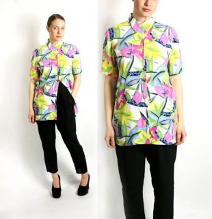 Vintage années 80 90 jaune rose vert blanc coloré Floral Print Blouse à col, courtes manches chemise Viscose   petit à moyen