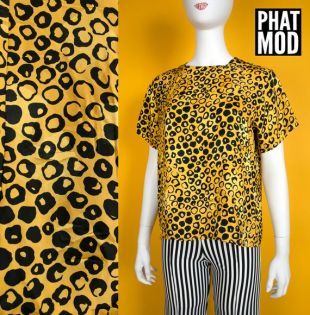 Vintage des années 80 des années 90 jaune & léopard à manches courtes imprimé léger chemisier Top noir