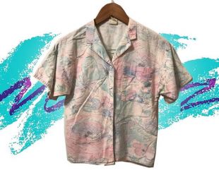 Chemise à manches courtes rose vert abstrait coton imprimé Floral Vaporwave Pastel vintage des années 80 par la petite taille de palmettes