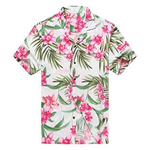 Made in Hawaii Men's Hawaiian Shirt Aloha Shirt 2XL Pink Floral with Green Leaf in White