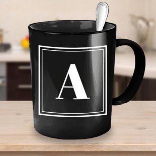 Personalised Initial Black Coffee Mug with Double Square Design