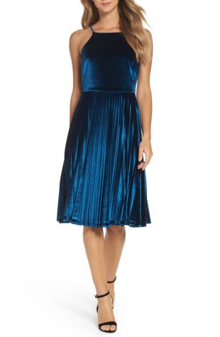Pleated Velvet Fit & Flare Dress