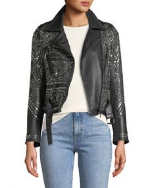 Nour Hammour Studded Lambskin Leather Classic Moto Jacket